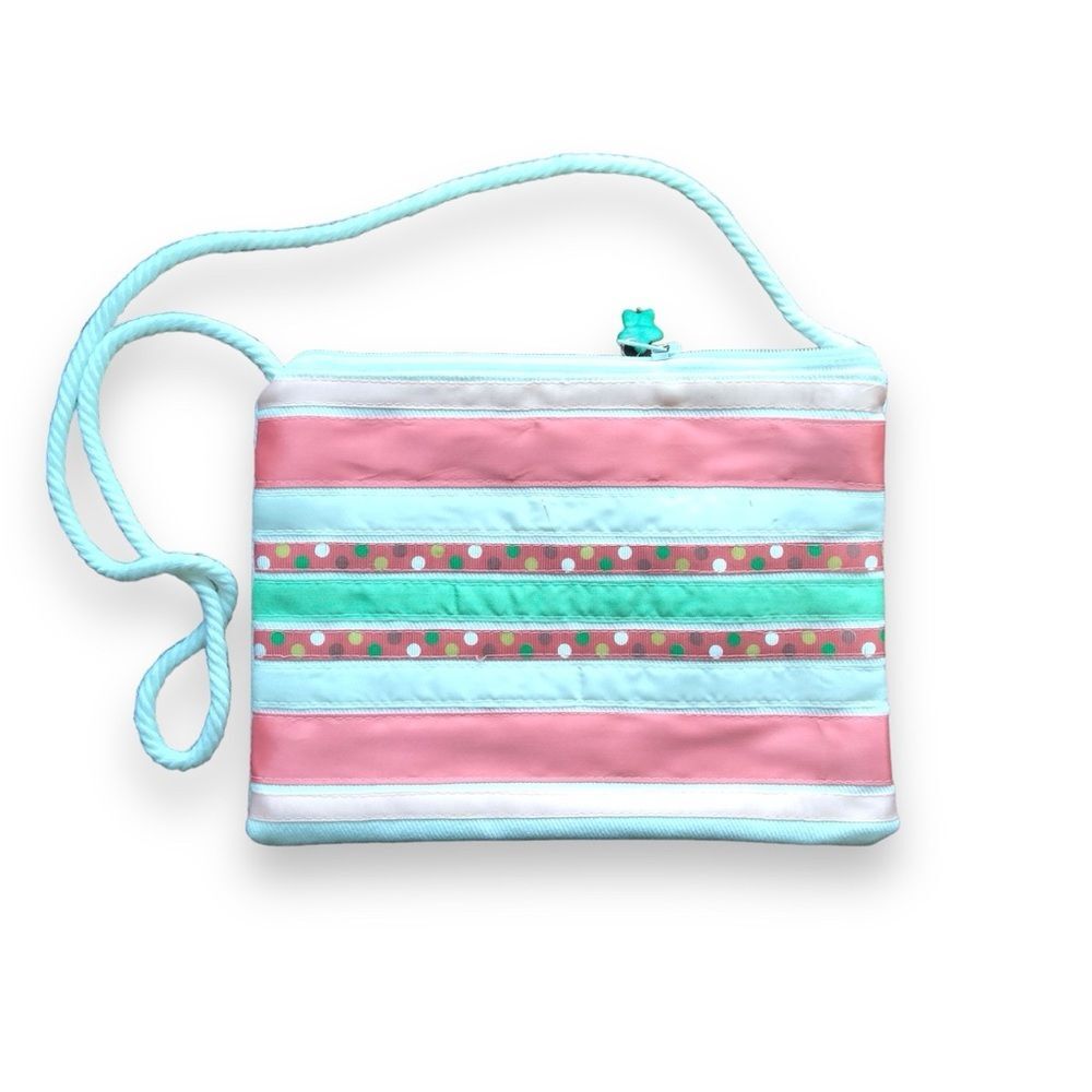 Coral Striped Ribbon Shoulder Tote with cord NEW with Tags